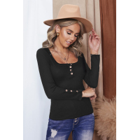 Black Scoop Neck Button Closure Ribbed Long Sleeve Top