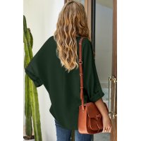 Green V Neck 3/4 Sleeve High Low Hem Shirt