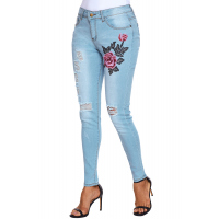 Rose Embroidery Distressed Light Blue Skinny Jeans