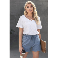 Blue Elastic Waistband Pocket Drawstring Shorts with Button