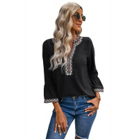 Black Boho Floral V Neck Long Sleeve Casual Top