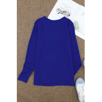 Blue V-neck Button Solid Color Long Sleeve Top