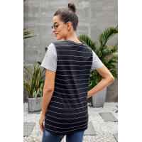 Black Striped Short Sleeve Contrast Color T-Shirt with Pocket