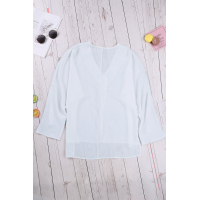 White V Neck 3/4 Sleeve High Low Hem Shirt