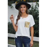 Sequin Pocket White Short Sleeve T-shirt