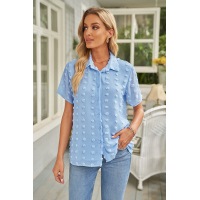 Sky Blue Buttoned Swiss Dot Turn-down Collar Short Sleeve Shirt