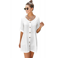 White V Neck Button Front Roll up Tab Sleeve Dress