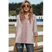 Pink 3/4 Sleeves Crochet Detail V Neck Blouse