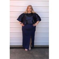 Blue Sequin Cape Plus Size Maxi Dress