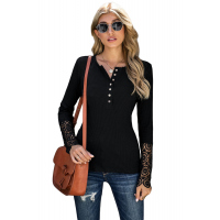 Black Crochet Lace Hem Sleeve Button Top