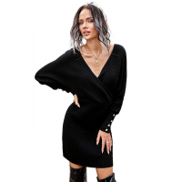 Black Wrap V Neck Batwing Sleeves Ribbed Sweater Dress