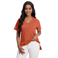 Orange V Neck Short Sleeves Cotton Blend Tee with Front Pocket and Side Slits