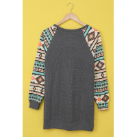 Gray Tribal Print Waffle Knit Pullover with Side Slit