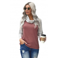 Gray Cowl Neck Stripe Splice Casual Long Sleeve Top