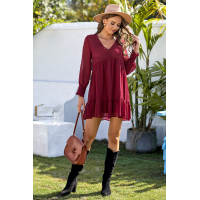 V-Neck Dotted Burgundy Empire Dress