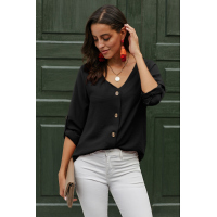 Black Button Detail Roll Up Sleeve Blouse