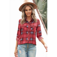 Red Plaid Button Shirt With Pockets