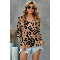 Brown Casual Leopard Print Long Sleeves T-shirt