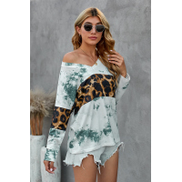 Green Tie Dye Print Leopard Splicing V Neck Long Sleeve Top