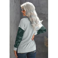 Gray Camo Lace-Up Side Split Hem Long Sleeve Top