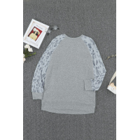 Gray Leopard Print Raglan Sleeve Casual Top