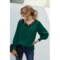 V Neck Lace Patchwork Green Blouse