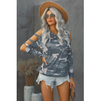 Gray Camouflage Shoulder To Hollow Out Long Sleeve Top