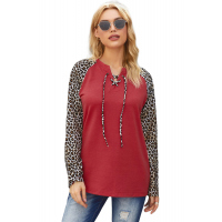 Red Leopard Patchwork Lace-up Front Long Sleeve Top