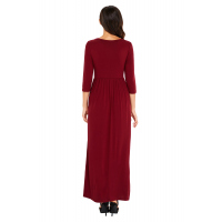 Burgundy Pocket Design 3/4 Sleeves Maxi Dress