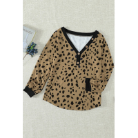 Spotted Print Khaki Long Sleeve Knit Top