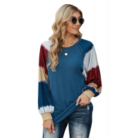 Blue Lantern Sleeve Color Block Pullover Loose T-shirts