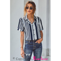 White Navy Striped Short Sleeve Button Shirt