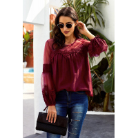 Red Fashion Lantern-Sleeve Lace Patchwork Top