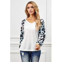 White Leopard Sleeve V Neck Waffle Top