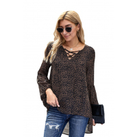 Black Lantern Sleeve Lace Up Blouse 