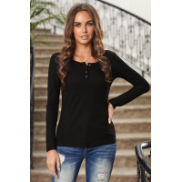 Black Solid Color Ribbed Texture Slim Top with Button