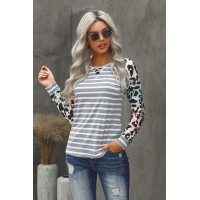 Gray Ombre Leopard Print Stripe Splice Long Sleeve Top