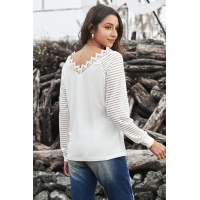 White Deep V-neck Lace Stripe Long Sleeve Top