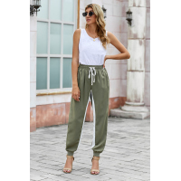 Green Casual Striped Drawstring Pants