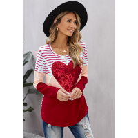 Red Heart Sequins Striped Long Sleeve Top