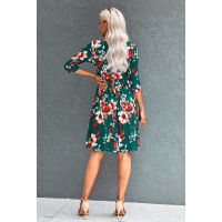 Green Floral 3/4 Sleeve Wrap Dress