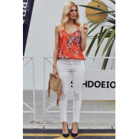 Orange Floral Print Button Up Tank Top