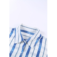 White V Neck Stripes Roll Up Sleeve Button Up Shirt