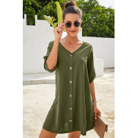 Green V Neck Button Front Roll up Tab Sleeve Dress