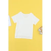 White V Neck Short Sleeves Cotton Blend Tee with Front Pocket and Side Slits