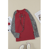 Red Leopard Patchwork Lace-up Front Long Sleeve Top