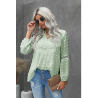 Green Ruffled Split Neck Lace Hollow Out Puff Sleeve Polka Dot Blouse