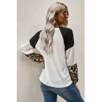 Leopard Long Sleeve Waffle Knit Black Blouse with Twist Knot