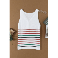 White V Neck Striped Pattern Knit Tank Top with Buttons