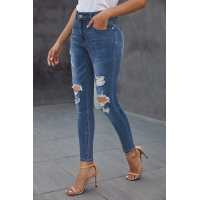 Blue Hollow Out Vintage Skinny Ripped Jeans